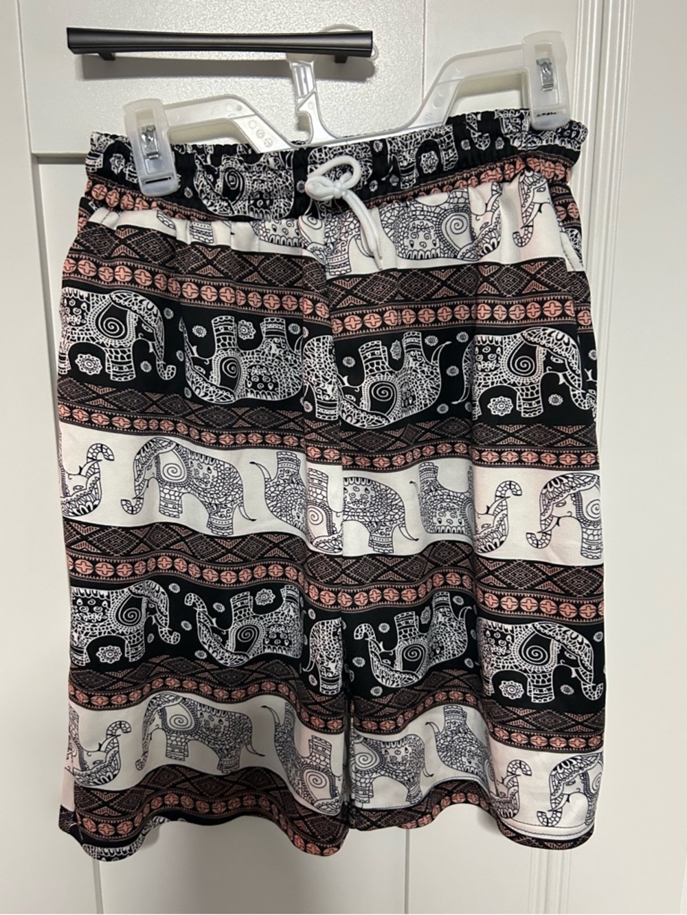 Elephant Print Drawstring Shorts in Black, White & Blush From Thailand